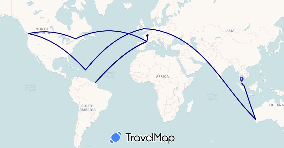 TravelMap itinerary: driving in Australia, Canada, France, United Kingdom, French Guiana, Saint Martin, Malaysia, Singapore (Asia, Europe, North America, Oceania, South America)